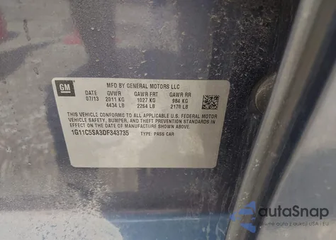 2013 Chevrolet Malibu 1Lt z USA, uszkodzony, nr VIN 1G11C5SA3DF343735